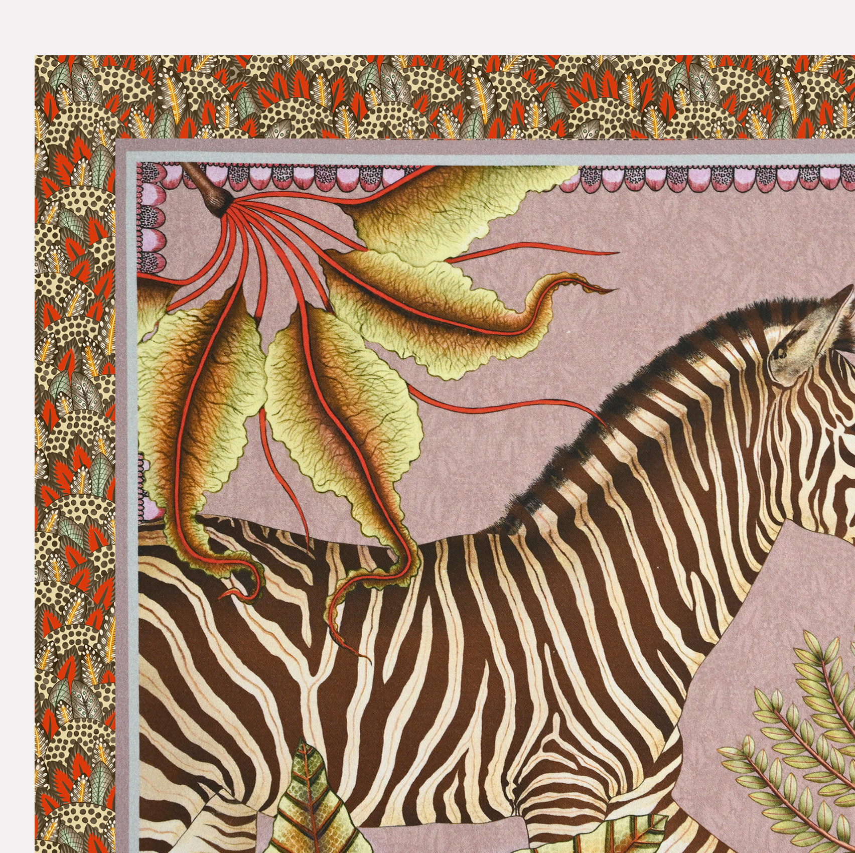 A close-up of the Ardmore Thanda Stripe Napkin in Magnolia, highlighting the zebra illustration with intricate floral details and a refined color palette of pink, gold, and green.