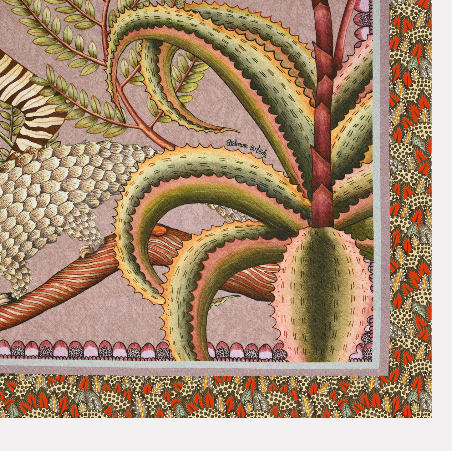 A zoomed-in section of the Ardmore Thanda Stripe Napkin in Magnolia, focusing on the botanical elements, leafy textures, and vibrant wildlife-inspired border patterns.