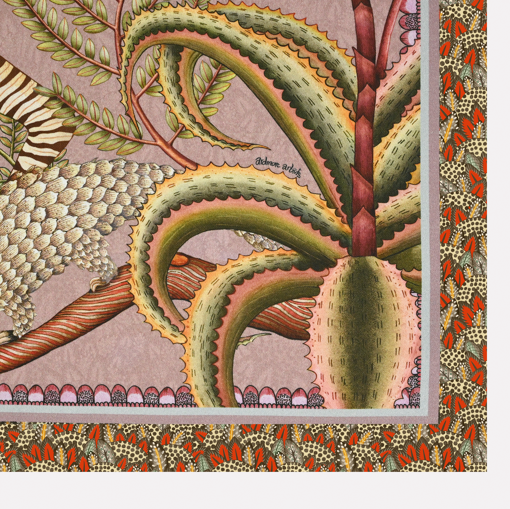 A zoomed-in section of the Ardmore Thanda Stripe Napkin in Magnolia, focusing on the botanical elements, leafy textures, and vibrant wildlife-inspired border patterns.