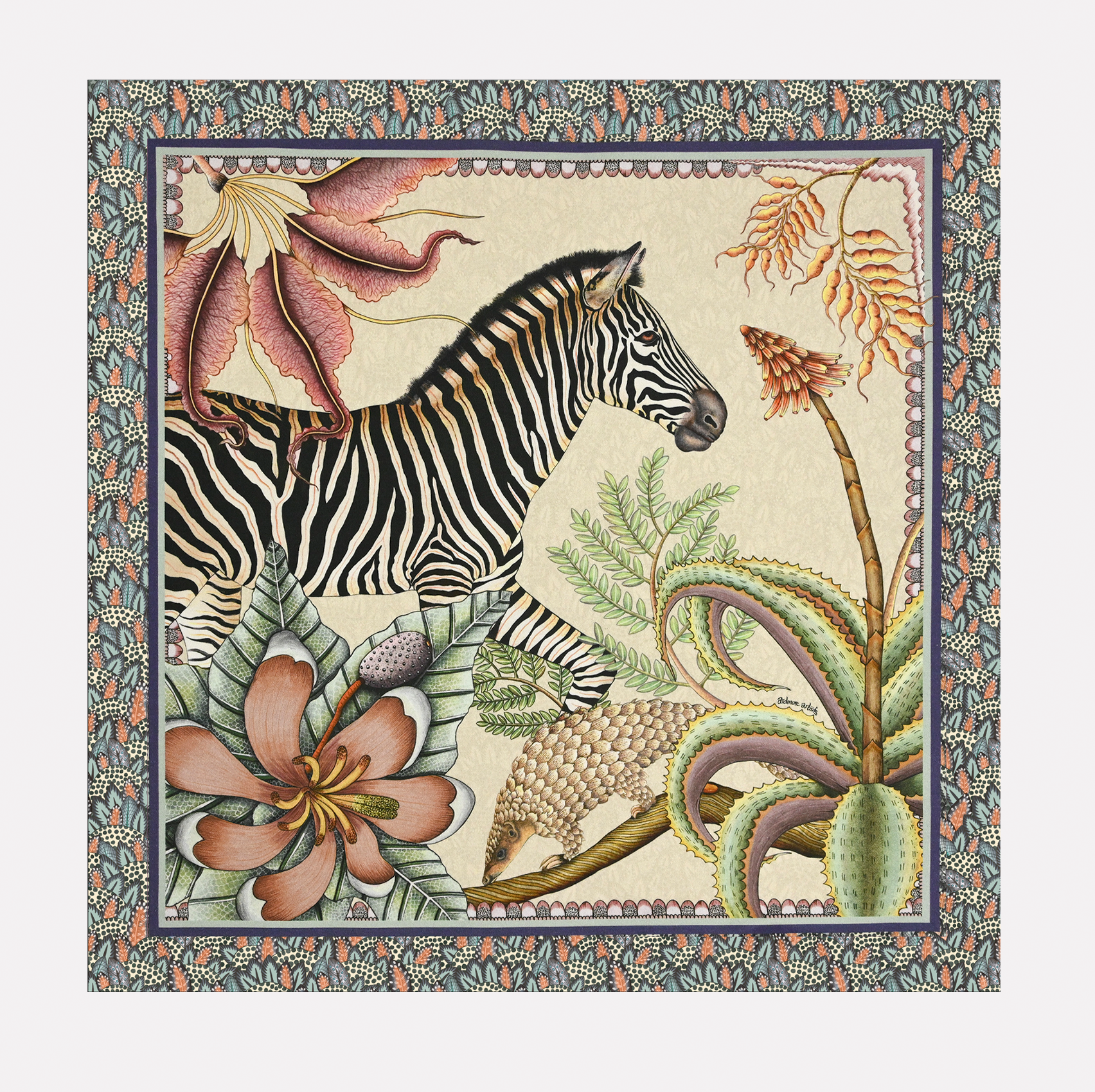 A full view of the Ardmore Thanda Stripe Napkin in Stone, featuring a zebra and pangolin surrounded by lush botanical elements in a detailed border.