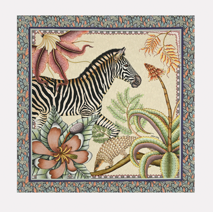A full view of the Ardmore Thanda Stripe Napkin in Stone, featuring a zebra and pangolin surrounded by lush botanical elements in a detailed border.