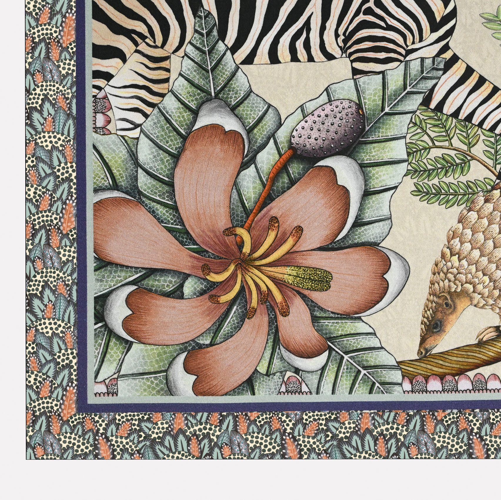 A detailed section of the Ardmore Thanda Stripe Napkin in Stone, showing the zebra amid tropical foliage and intricate patterns.