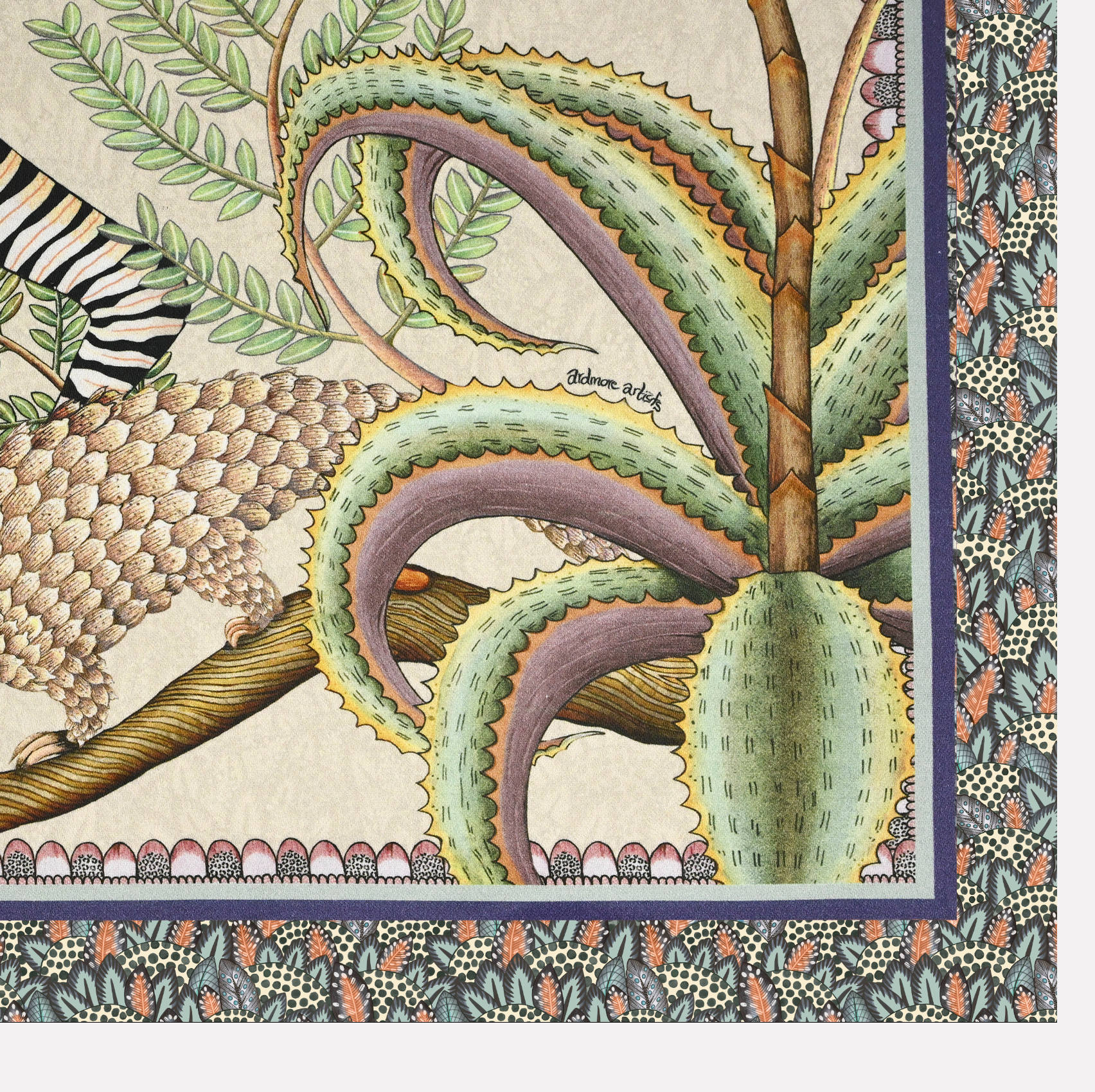 A close-up of the pangolin and surrounding floral details on the Ardmore Thanda Stripe Napkin in Stone, illustrating the artistic craftsmanship.