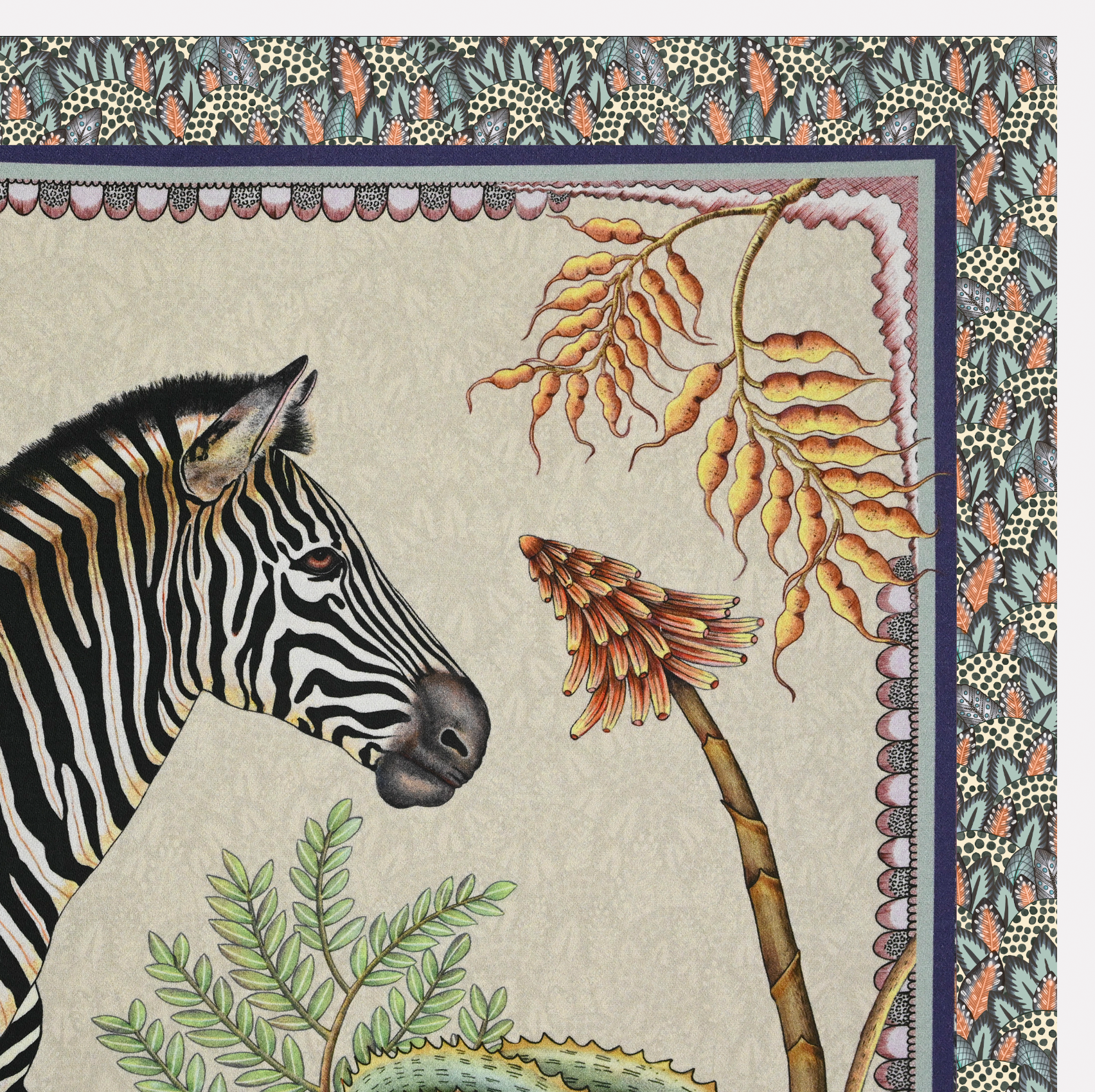A close-up of the Ardmore Thanda Stripe Napkin in Stone, highlighting delicate floral and leaf motifs with fine artistic detailing.