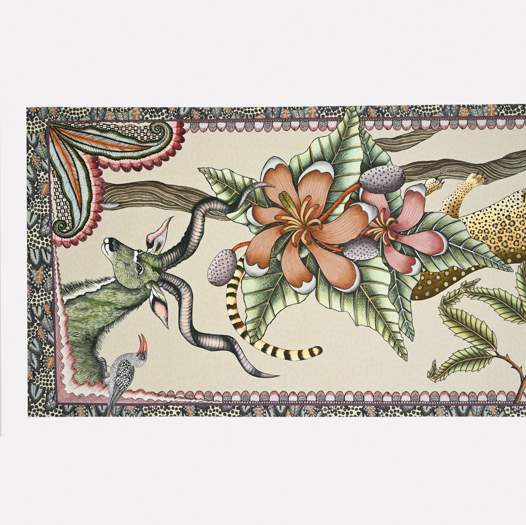 A detailed view showcasing the delicate nature and wildlife motifs, highlighting the fine craftsmanship and muted colour palette.