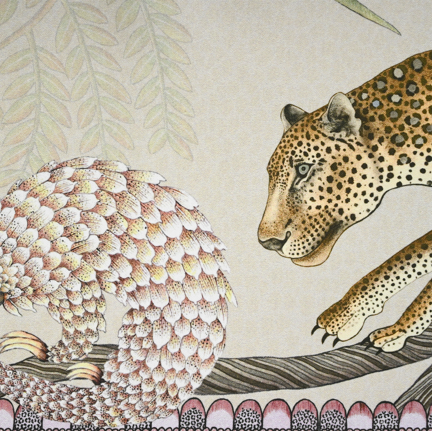 A zoomed-in image capturing a leopard and pangolin illustration woven into the fabric, showcasing the intricate artistry and natural tones.