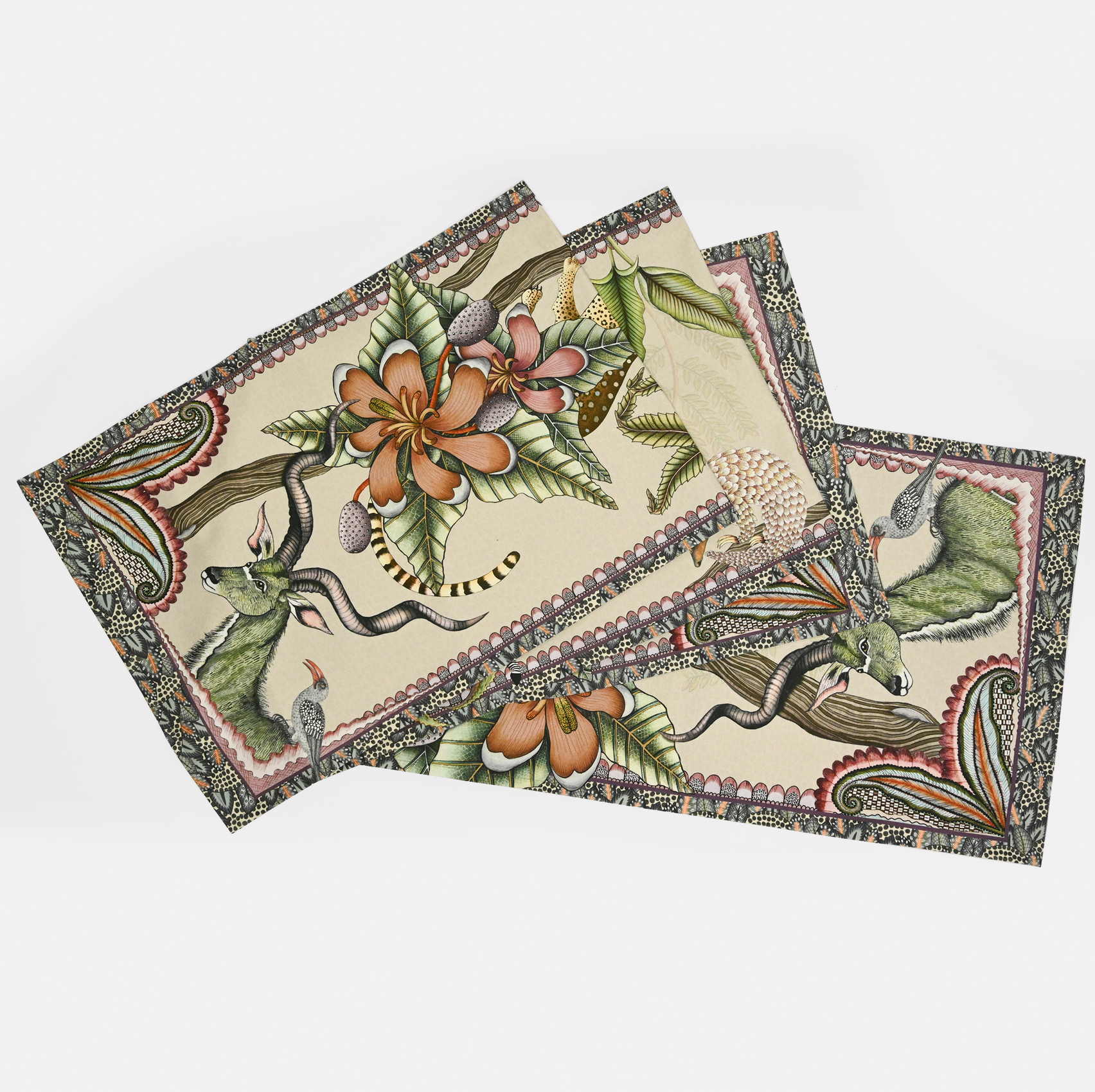A neatly arranged set of Ardmore's Pangolin Park Table Runners in a neutral stone colour, featuring intricate wildlife and botanical illustrations.