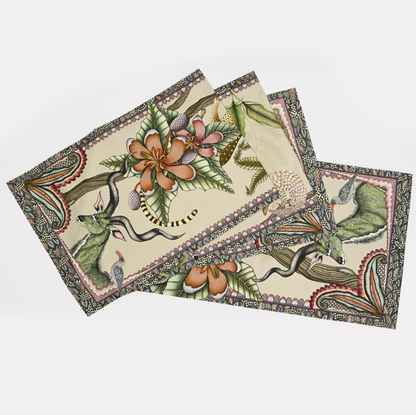 A neatly arranged set of Ardmore's Pangolin Park Table Runners in a neutral stone colour, featuring intricate wildlife and botanical illustrations.