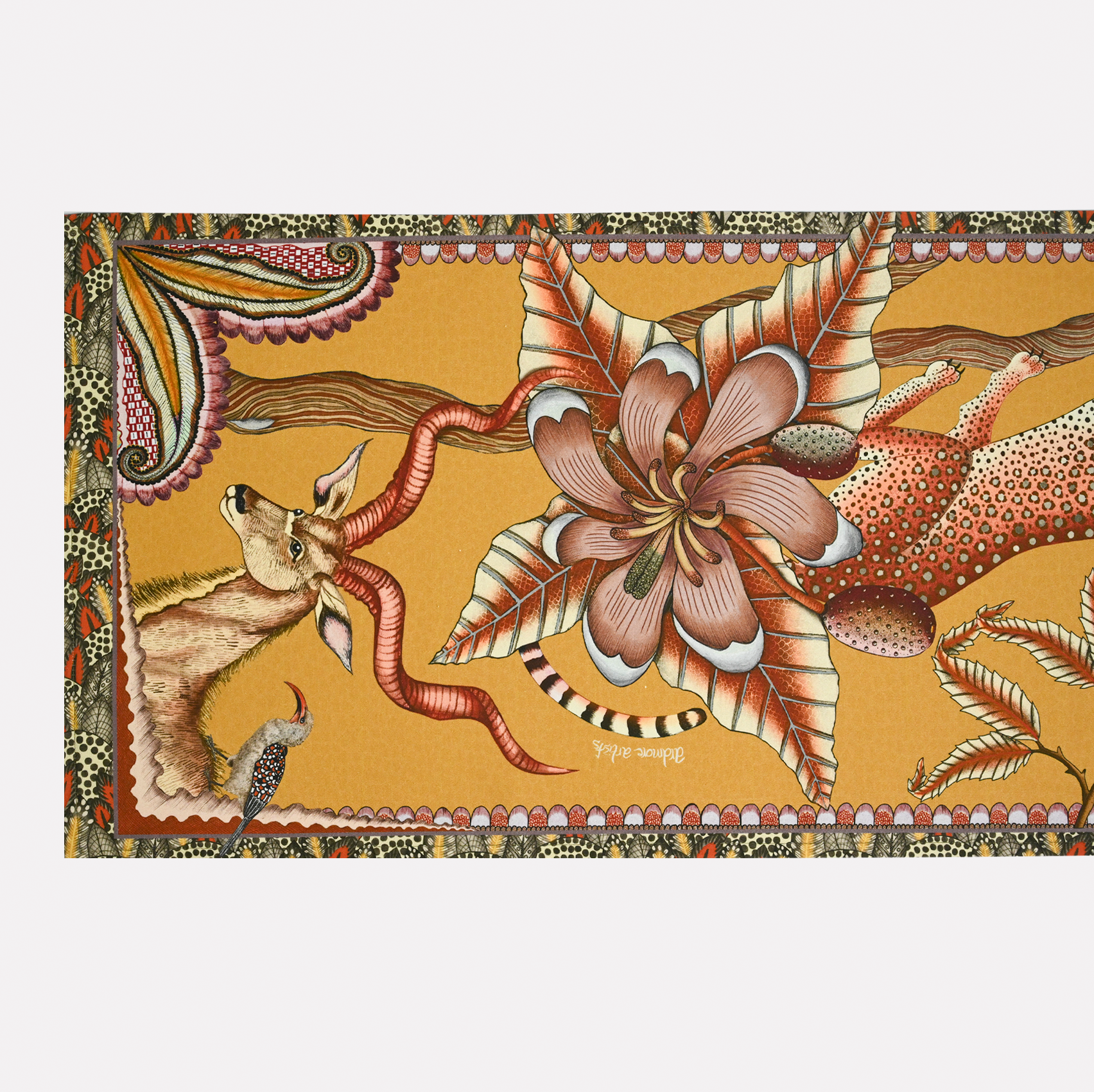 A detailed view showcasing the vibrant wildlife and nature motifs, highlighting the fine craftsmanship and bold colour scheme.
