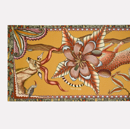 A detailed view showcasing the vibrant wildlife and nature motifs, highlighting the fine craftsmanship and bold colour scheme.