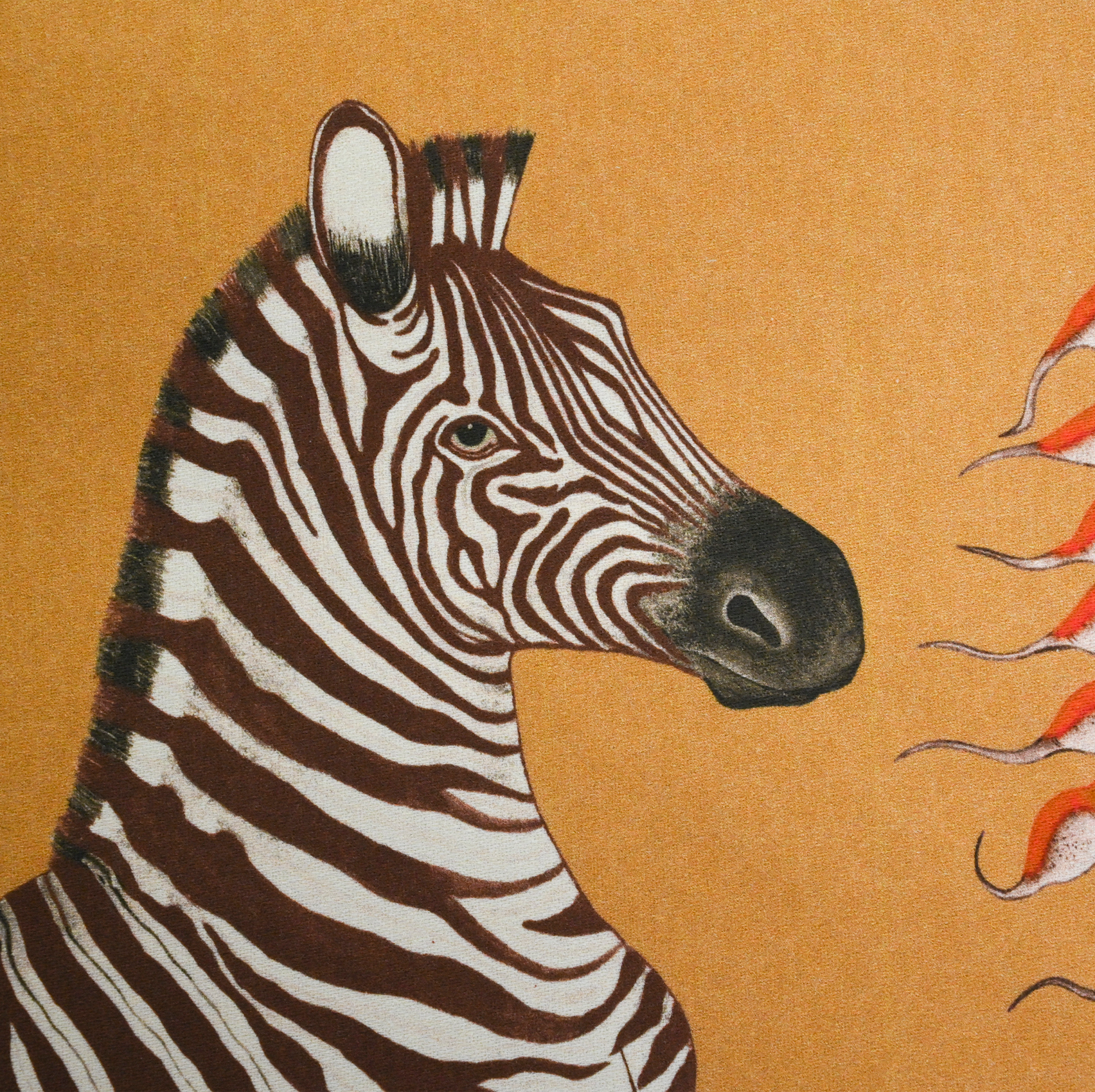 A zoomed-in image capturing the zebra illustration woven into the fabric, highlighting the detailed artwork and earthy tones.