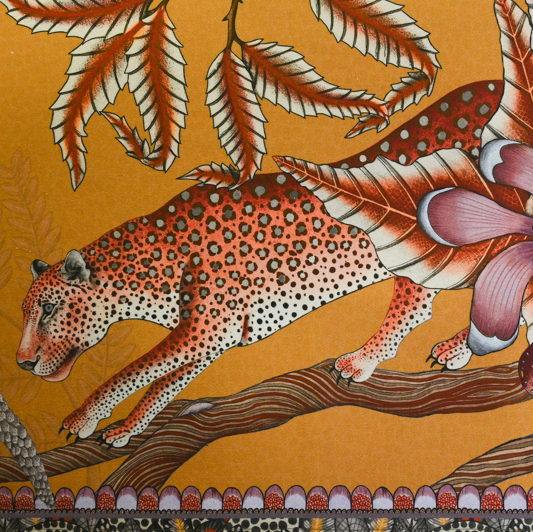 A zoomed-in image capturing the leopard illustration woven into the fabric, highlighting the detailed artwork and earthy tones.