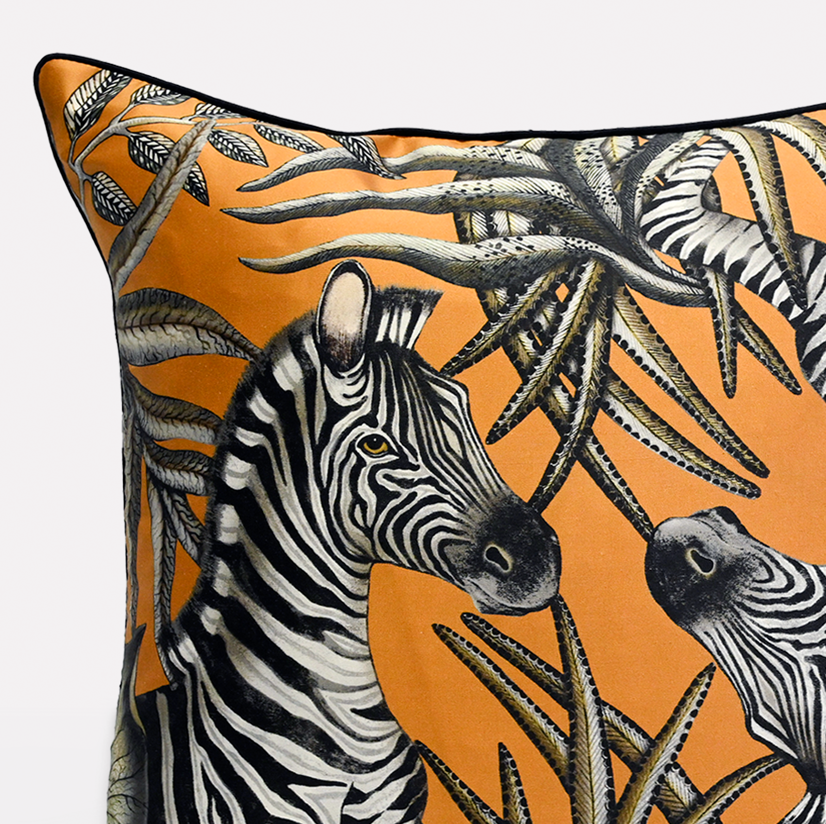Side view of the Thanda Stripe Flame Silk Cushion Cover highlighting the detailed double-sided print with bold zebras and foliage patterns.