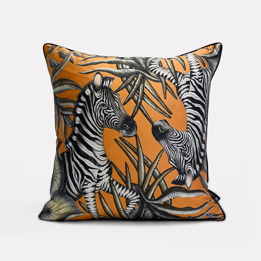 Front view of the Thanda Stripe Flame Silk Cushion Cover showcasing a striking zebra design against a vibrant flame orange background, crafted on luxurious silk fabric.