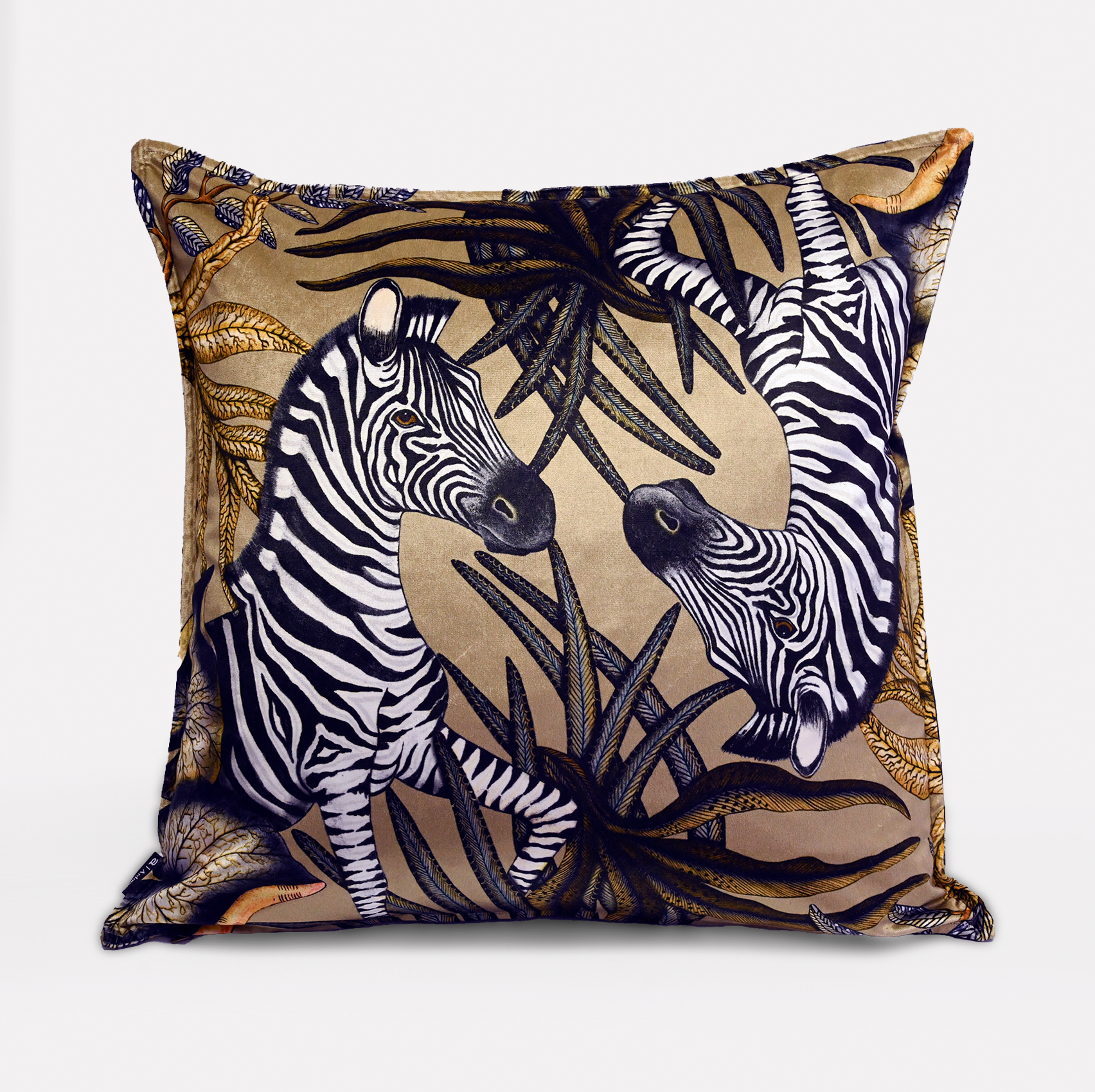 Side angle of the Thanda Stripe Savannah Velvet Cushion Cover, showcasing the rich double-sided print with zebras and foliage on luxurious velvet.