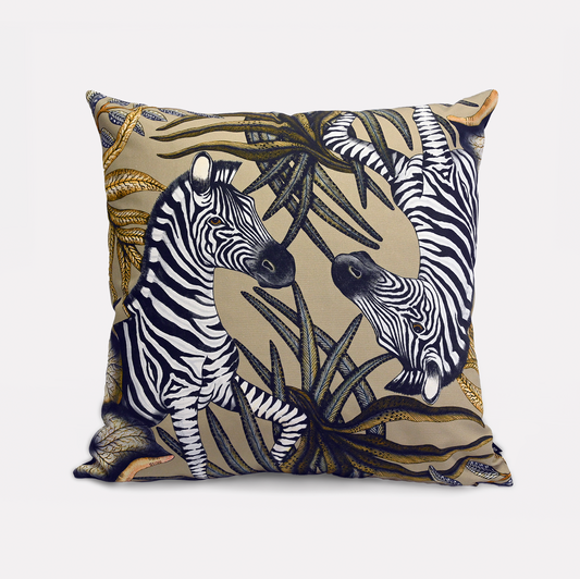 Front view of the Thanda Stripe Savannah Cotton Cushion Cover, featuring a vibrant design of zebras amidst golden African flora, crafted from 100% cotton.