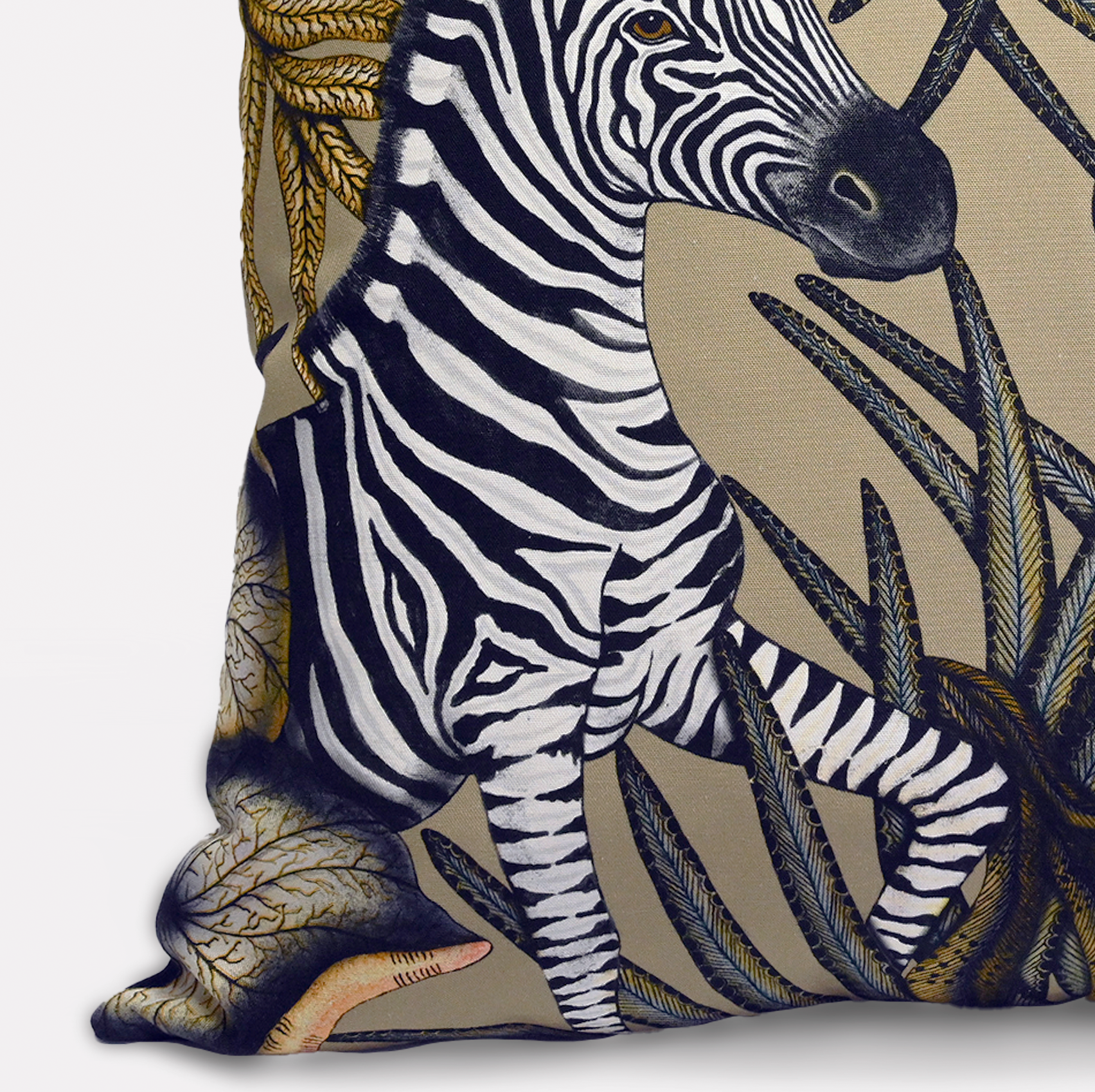 Side angle of the Thanda Stripe Savannah Cotton Cushion Cover, highlighting the intricate zebra patterns and subtle fabric texture.