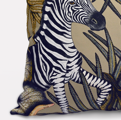 Side angle of the Thanda Stripe Savannah Cotton Cushion Cover, highlighting the intricate zebra patterns and subtle fabric texture.