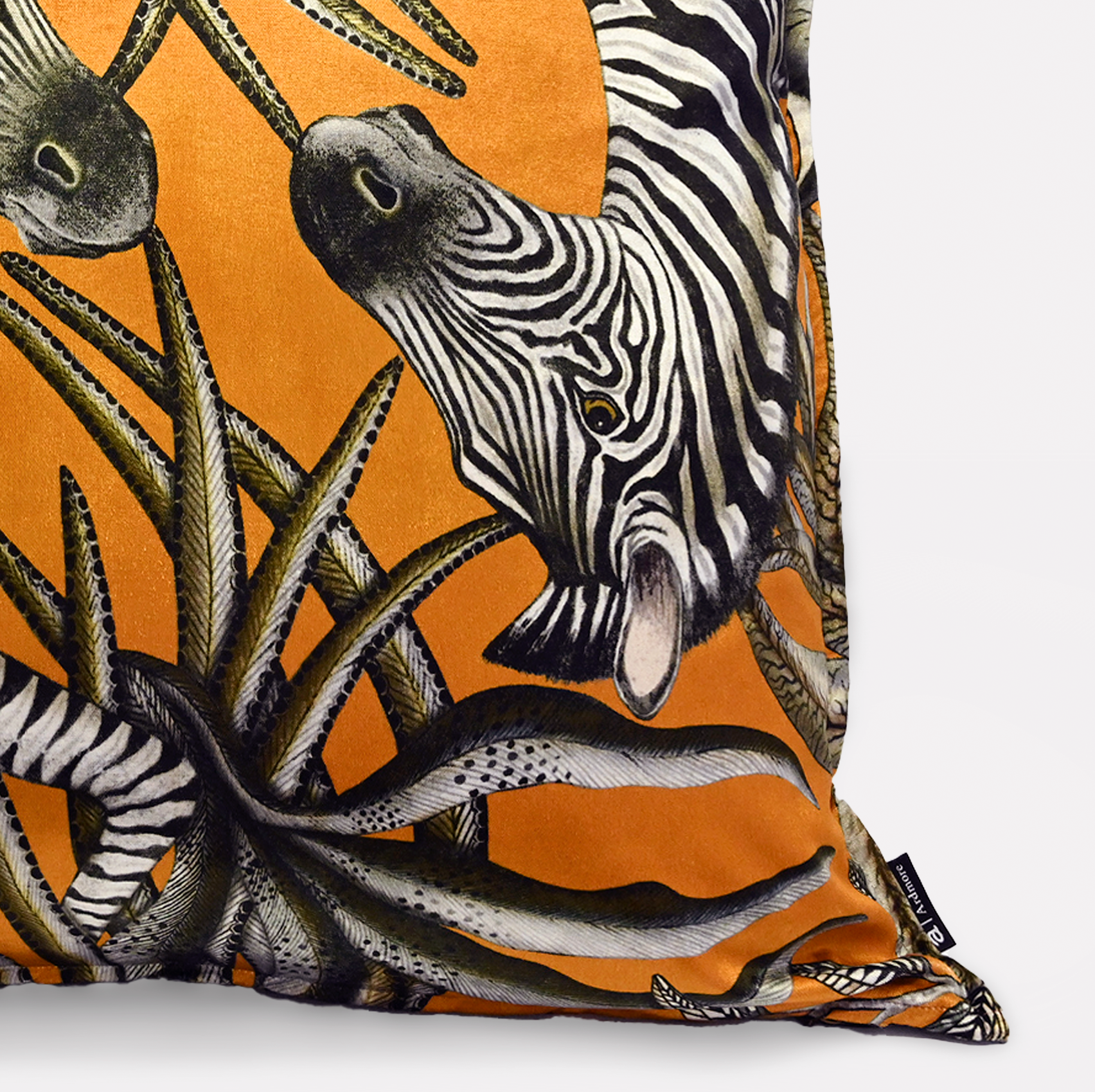 Side view of the Thanda Stripe Flame Velvet Cushion Cover, highlighting the bold zebra pattern and intricate details of the flora.