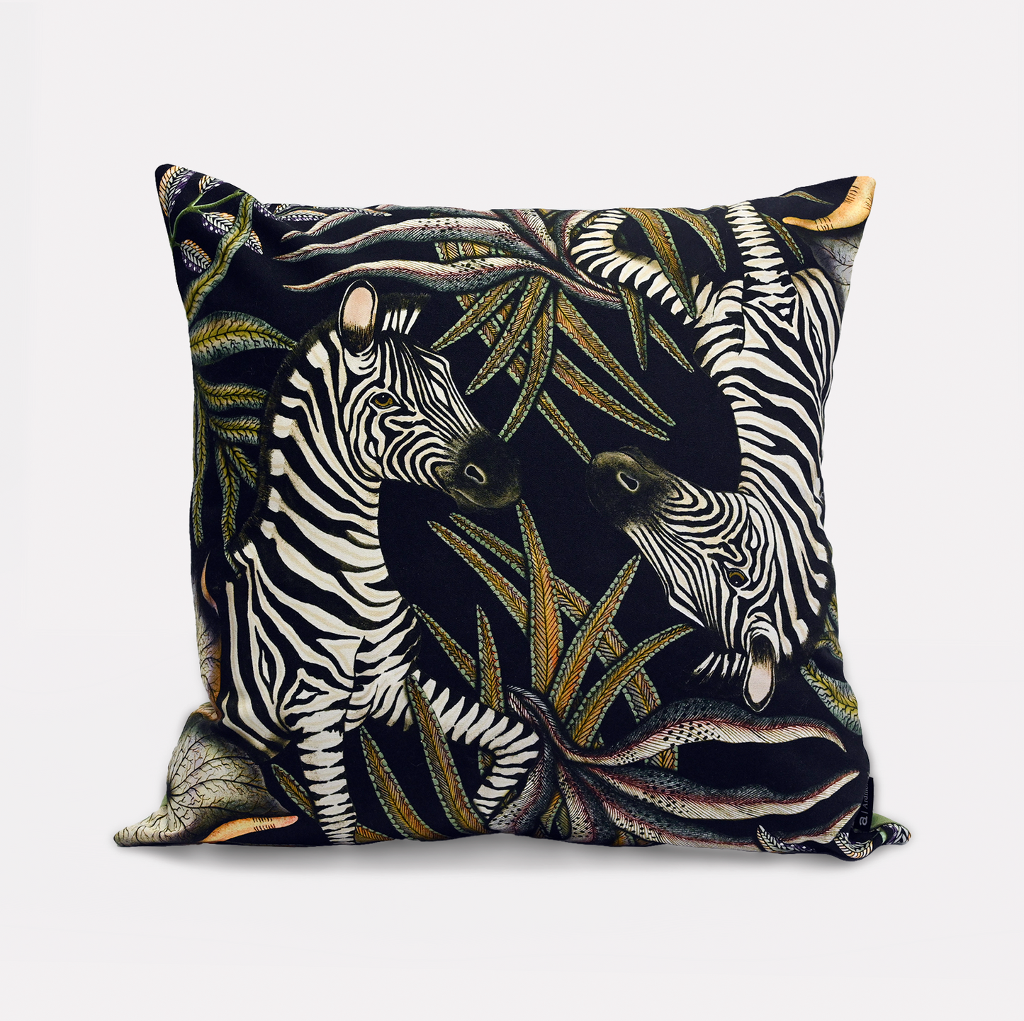 Front view of the Thanda Stripe Night Cotton Cushion Cover, featuring an elegant zebra design set against a striking black backdrop, crafted from 100% cotton.