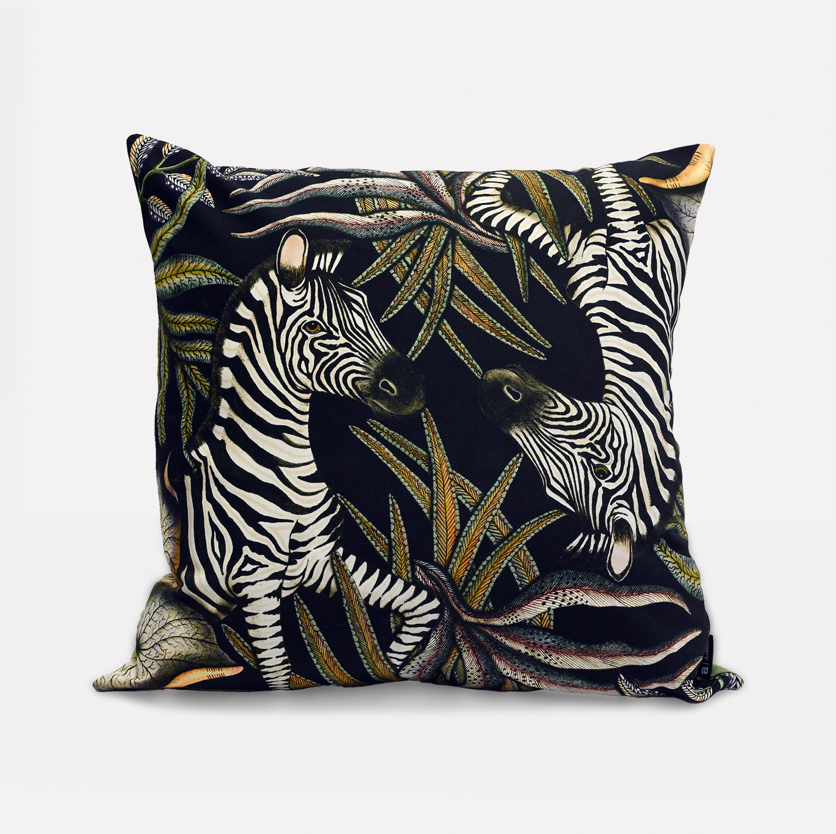 Front view of the Thanda Stripe Night Cotton Cushion Cover, featuring an elegant zebra design set against a striking black backdrop, crafted from 100% cotton.