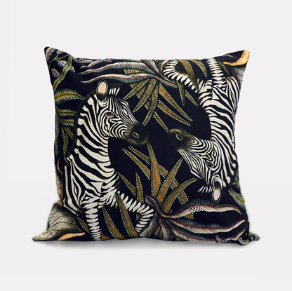Front view of the Thanda Stripe Night Cotton Cushion Cover, featuring an elegant zebra design set against a striking black backdrop, crafted from 100% cotton.