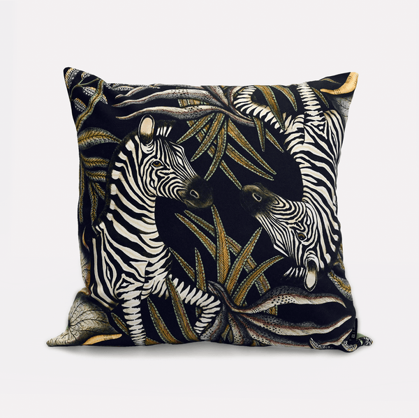 Front view of the Thanda Stripe Night Cotton Cushion Cover, featuring an elegant zebra design set against a striking black backdrop, crafted from 100% cotton.