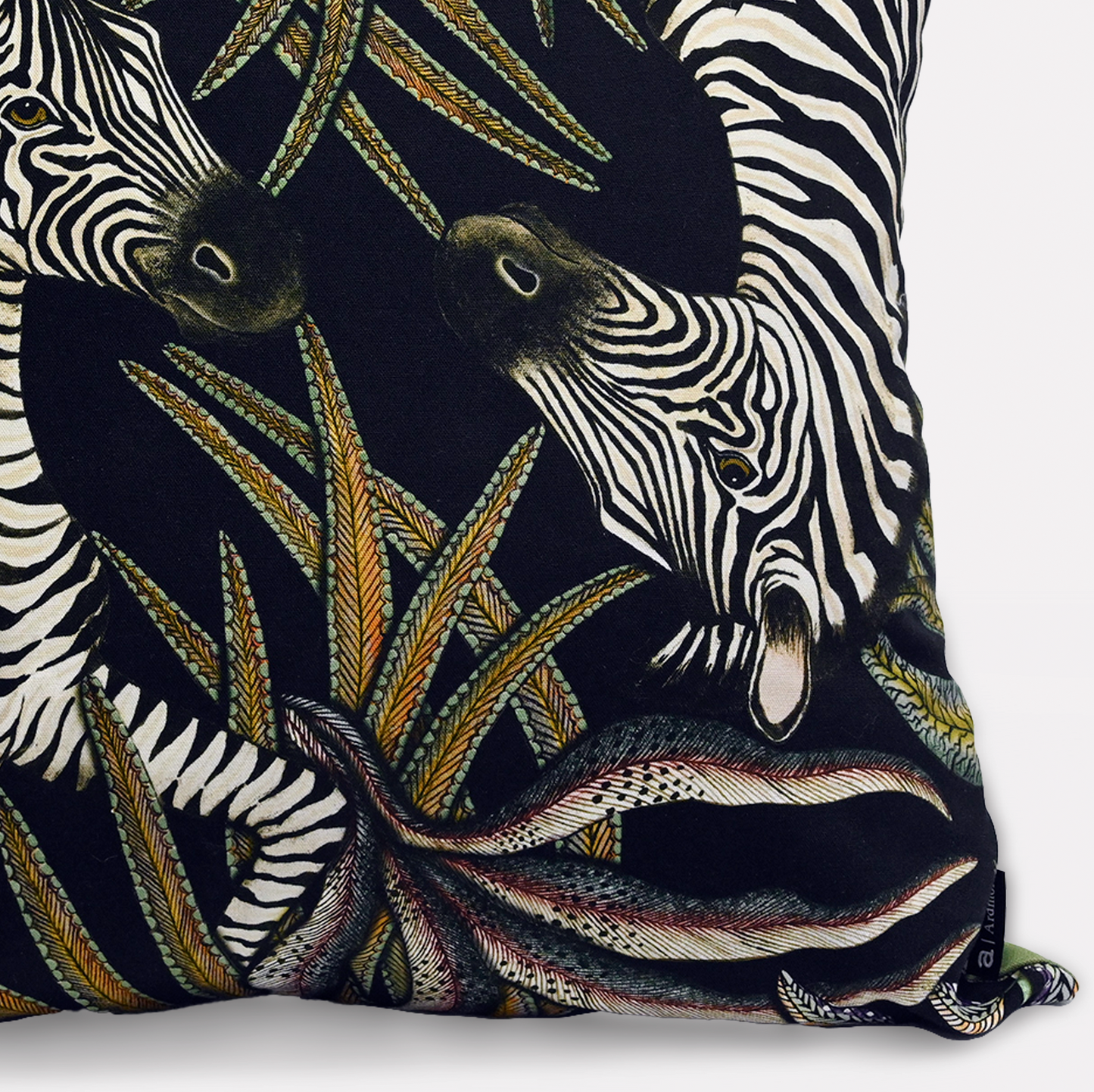 Angled side view of the Thanda Stripe Night Cotton Cushion Cover, highlighting the intricate zebra patterns and fine craftsmanship.