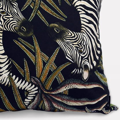 Angled side view of the Thanda Stripe Night Cotton Cushion Cover, highlighting the intricate zebra patterns and fine craftsmanship.