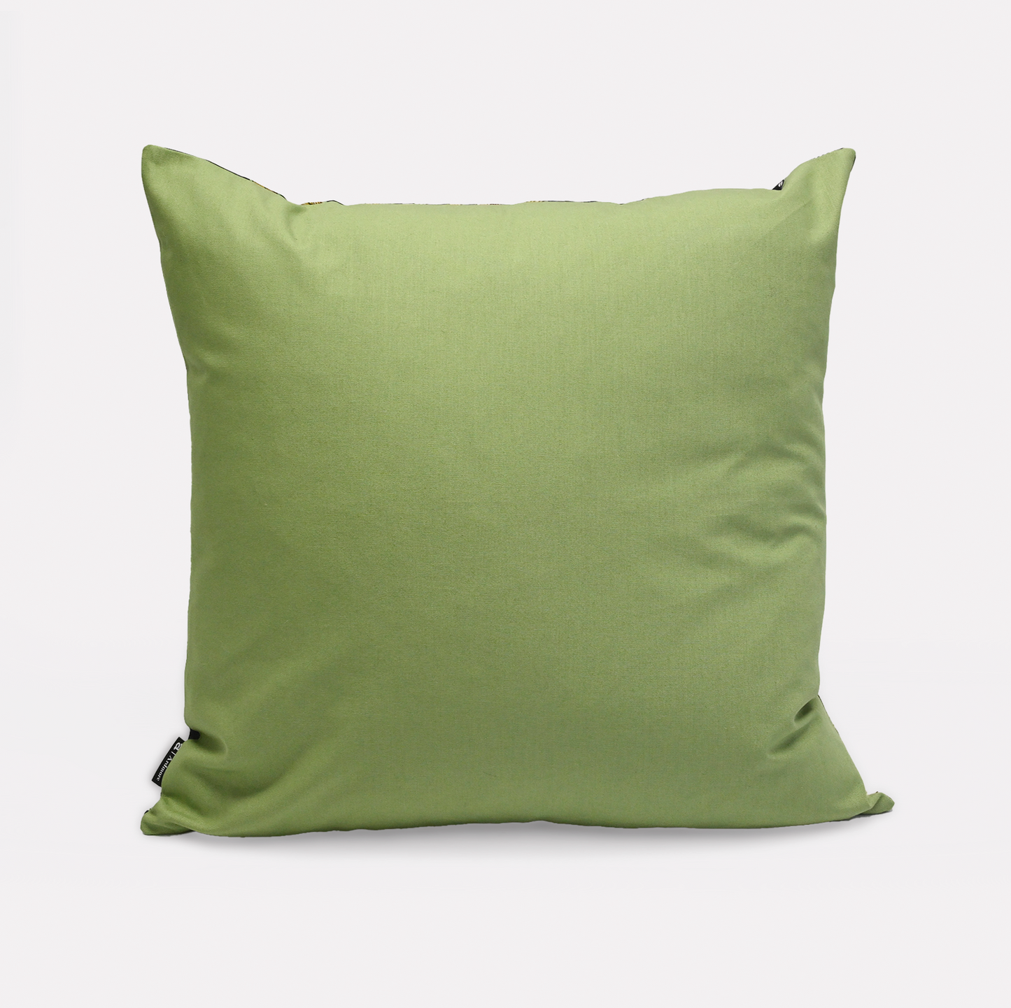 Back view of the Thanda Stripe Night Cotton Cushion Cover, showcasing a solid green fabric for a subtle, versatile aesthetic.