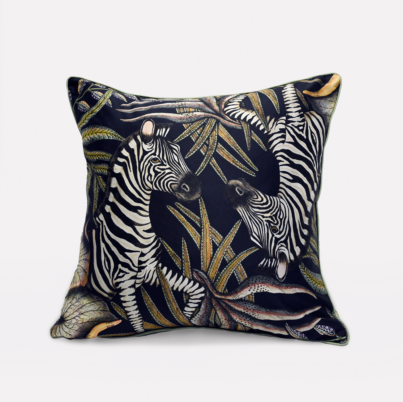 Front view of the Thanda Stripe Night Silk Cushion Cover showcasing two majestic zebras amidst lush African flora, set on a rich black silk background.