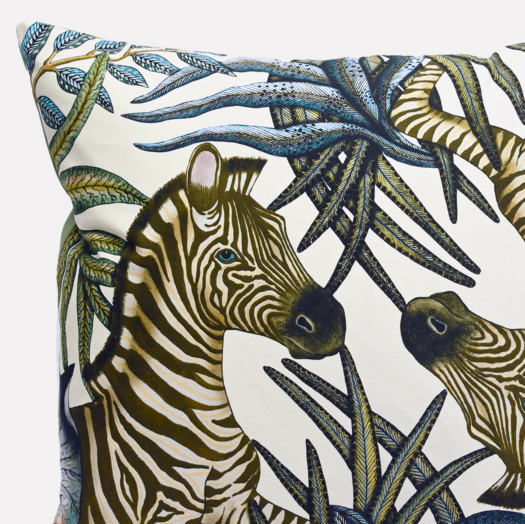 Angled side view of the Thanda Stripe Tanzanite Cotton Cushion Cover, highlighting the intricate zebra design and fine stitching detail.