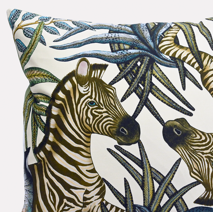 Angled side view of the Thanda Stripe Tanzanite Cotton Cushion Cover, highlighting the intricate zebra design and fine stitching detail.