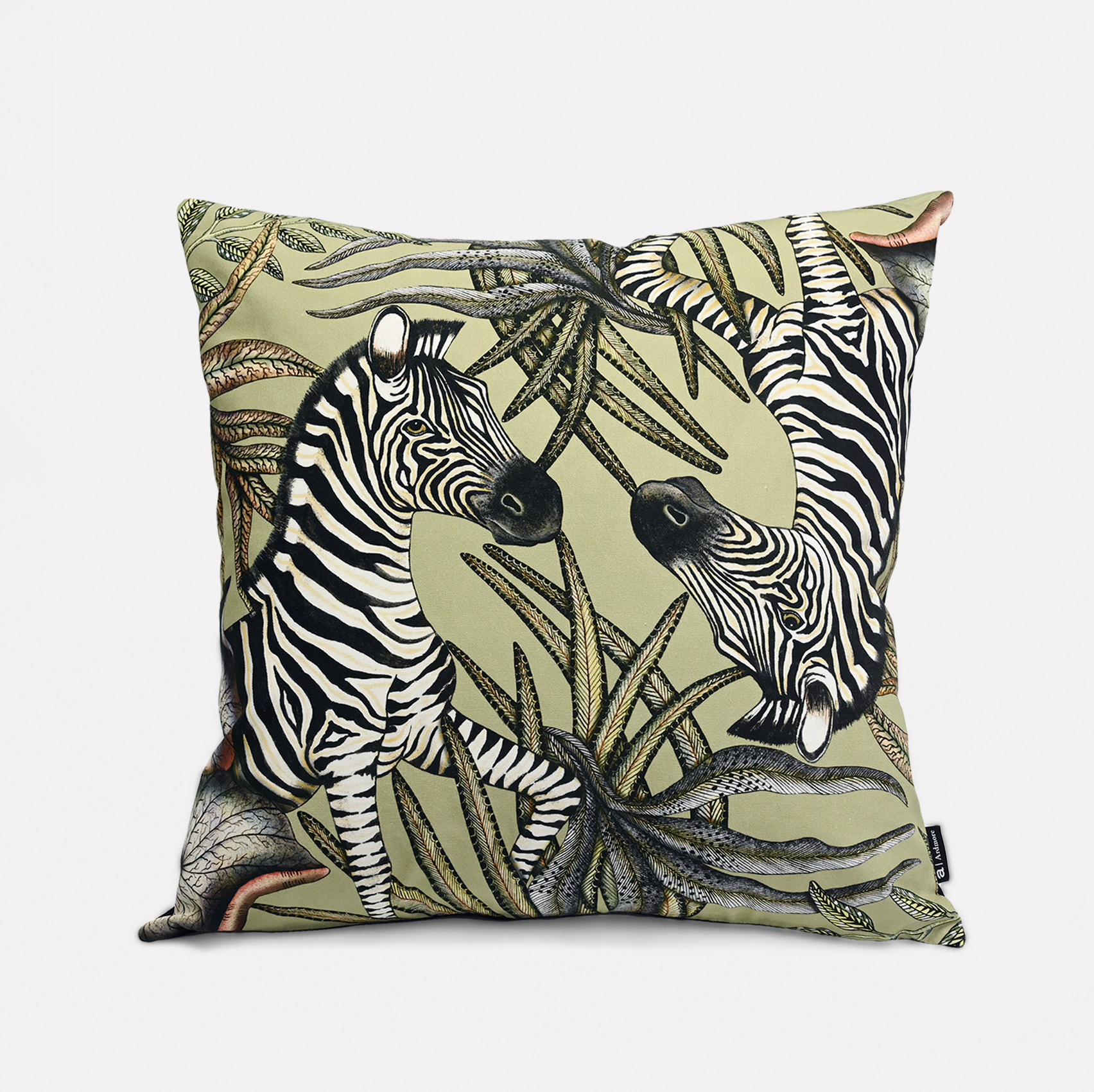 Front view of the Thanda Stripe Delta Cotton Cushion Cover, showcasing an elegant zebra design amidst lush African-inspired foliage on a soft beige background.
