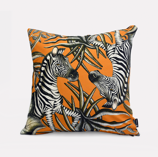 Front view of the Thanda Stripe Flame Cotton Cushion Cover, featuring a vibrant zebra motif against an eye-catching orange background, complemented by African-inspired foliage.
