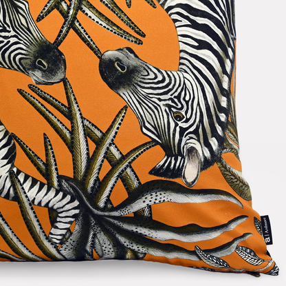 Side view of the Thanda Stripe Flame Cotton Cushion Cover, highlighting the intricate details of the zebras and tropical flora.