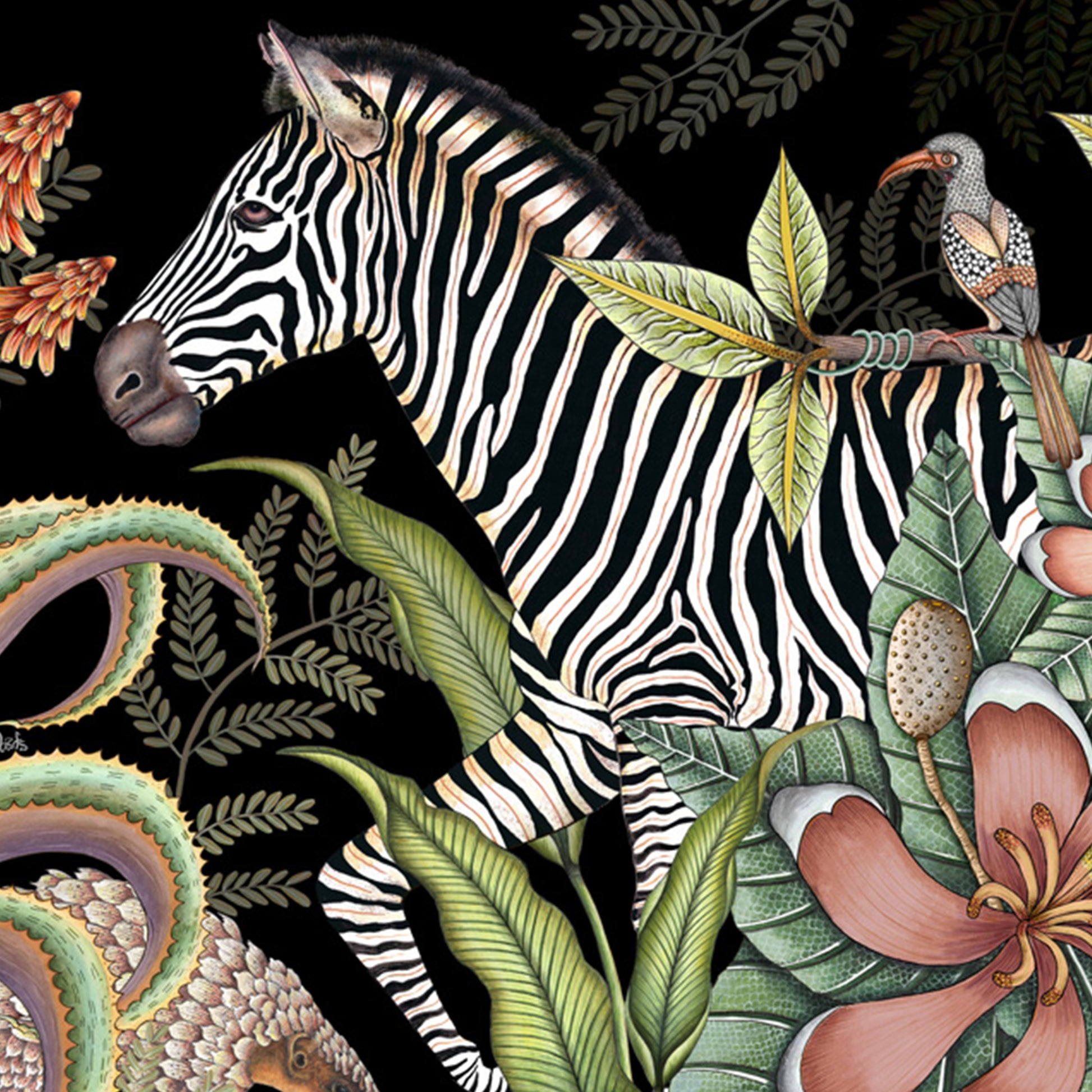 A close-up view of the zebra and surrounding foliage, highlighting the intricate detailing and vivid colours.