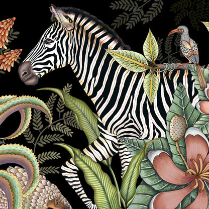A close-up view of the zebra and surrounding foliage, highlighting the intricate detailing and vivid colours.