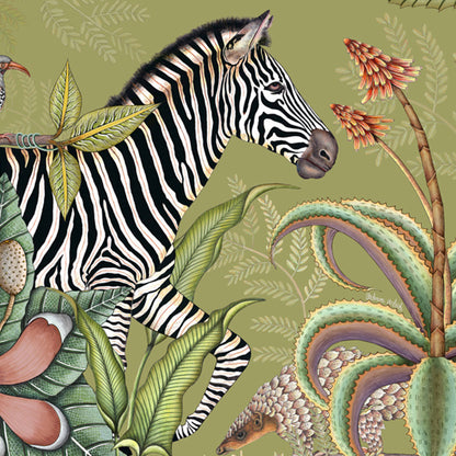 A detailed close-up showcasing the zebra and surrounding botanical elements with fine shading and texture.
