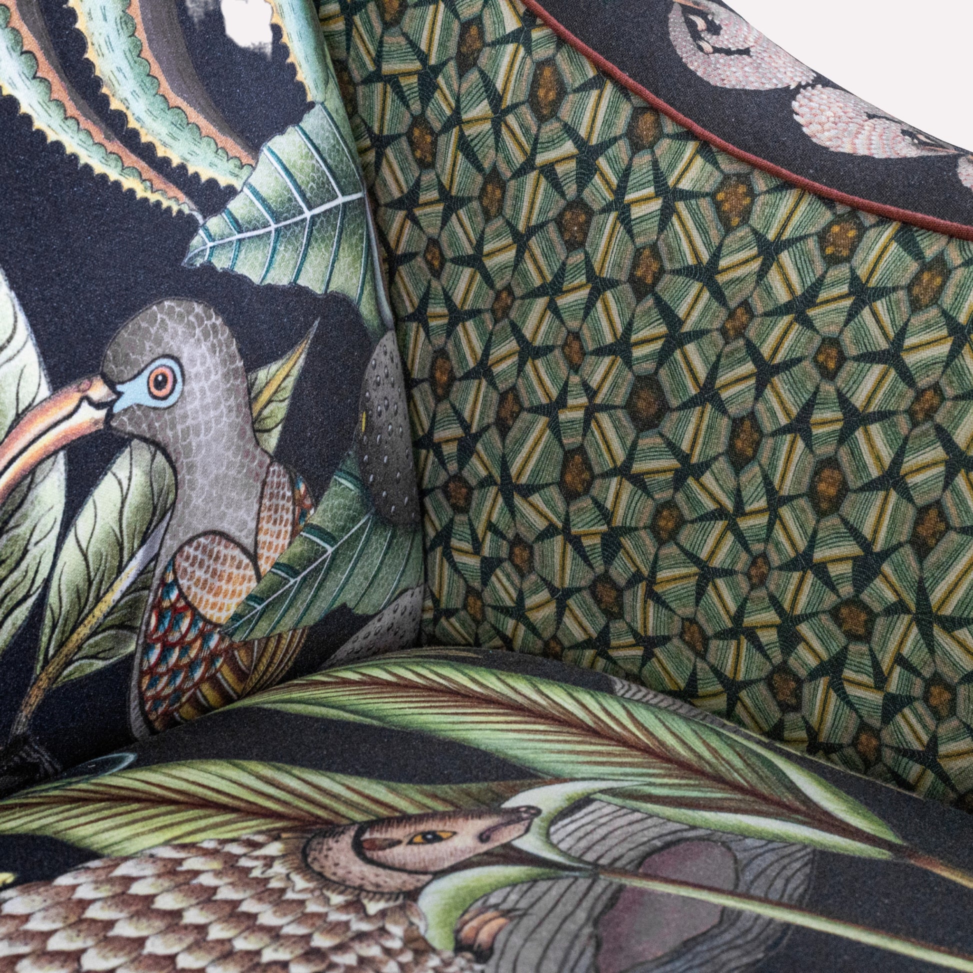 Detailed shot of the Ardmore Thanda Sofa Limited Edition’s upholstery, featuring button tufting and unique custom prints.