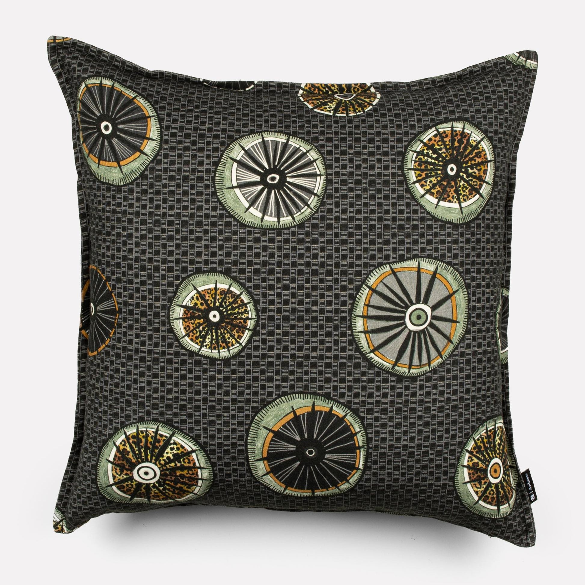 A 50x50cm square cushion cover in Amasumpa Night fabric, featuring a deep charcoal base with intricate gold and bronze circular patterns.