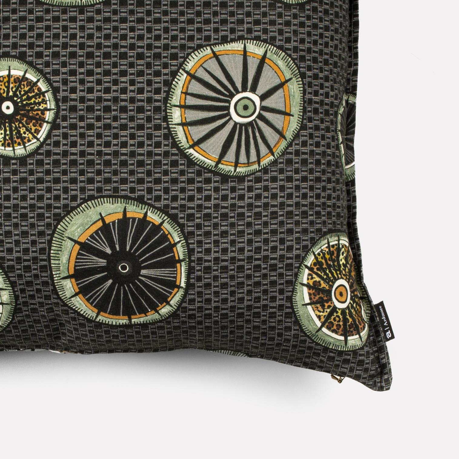 A zoomed-in section of the fabric, highlighting the refined print, precise detailing, and contrast of warm metallic hues against the dark background.