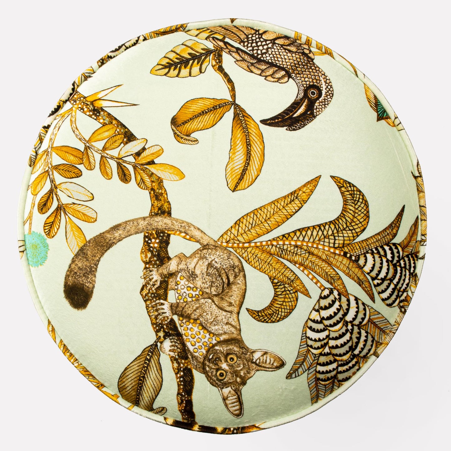 Top-down view of the Ardmore Camp Critter Mist Velvet Pouffe, showcasing the detailed golden botanical patterns on its soft, rounded surface.