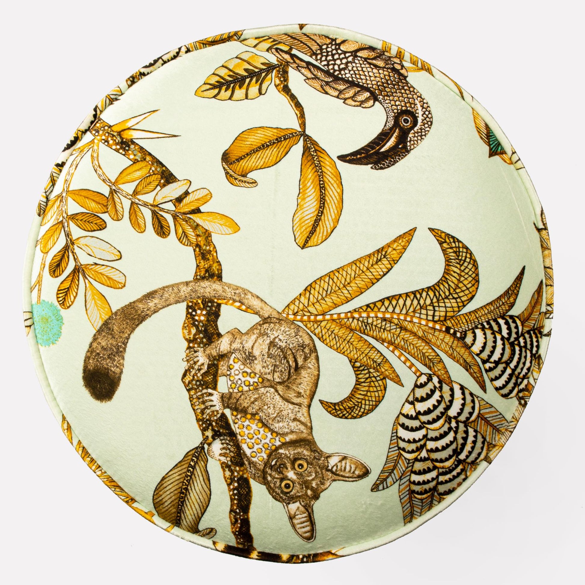 Top-down view of the Ardmore Camp Critter Mist Velvet Pouffe, showcasing the detailed golden botanical patterns on its soft, rounded surface.