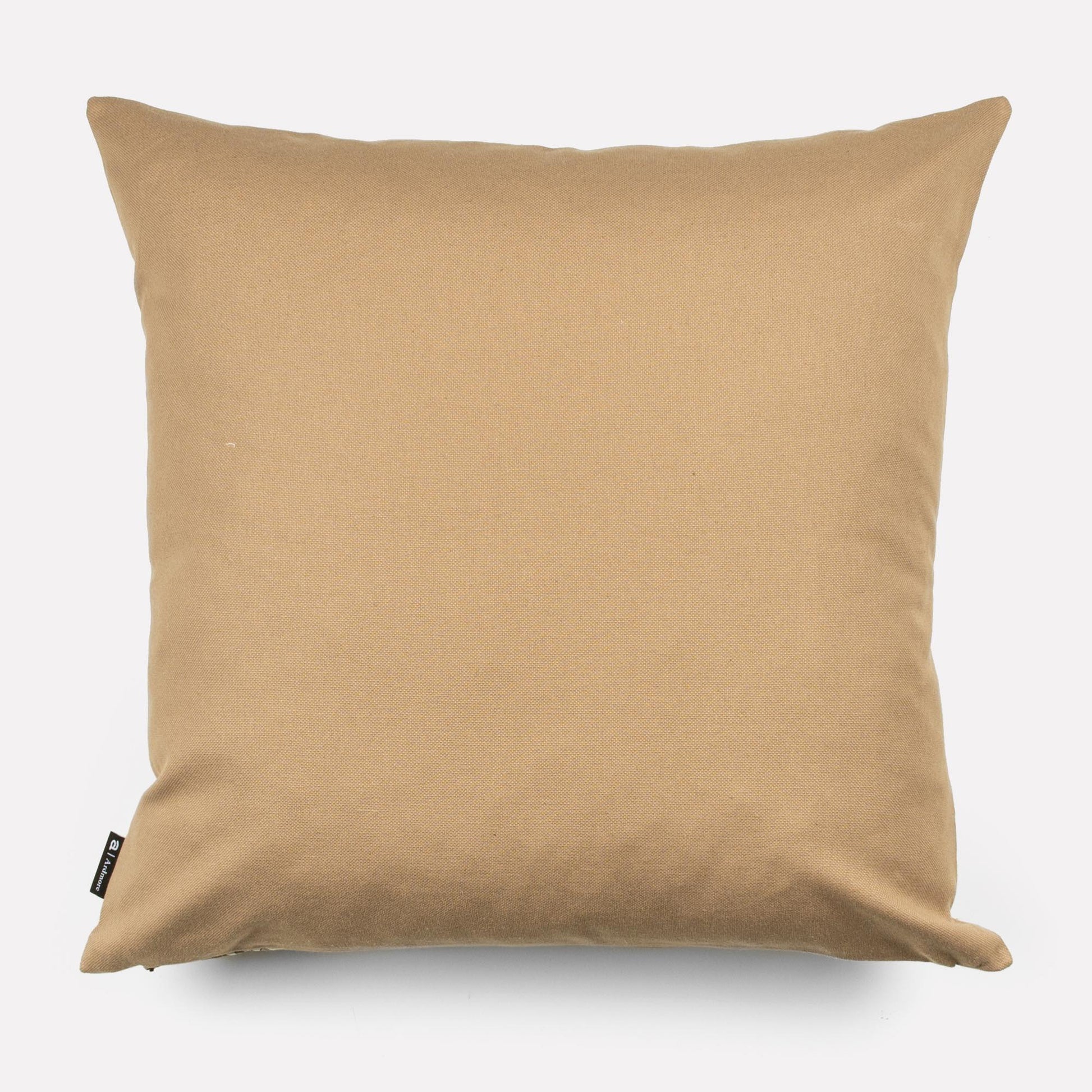 A plain beige fabric back, providing a simple and elegant contrast to the decorative front.