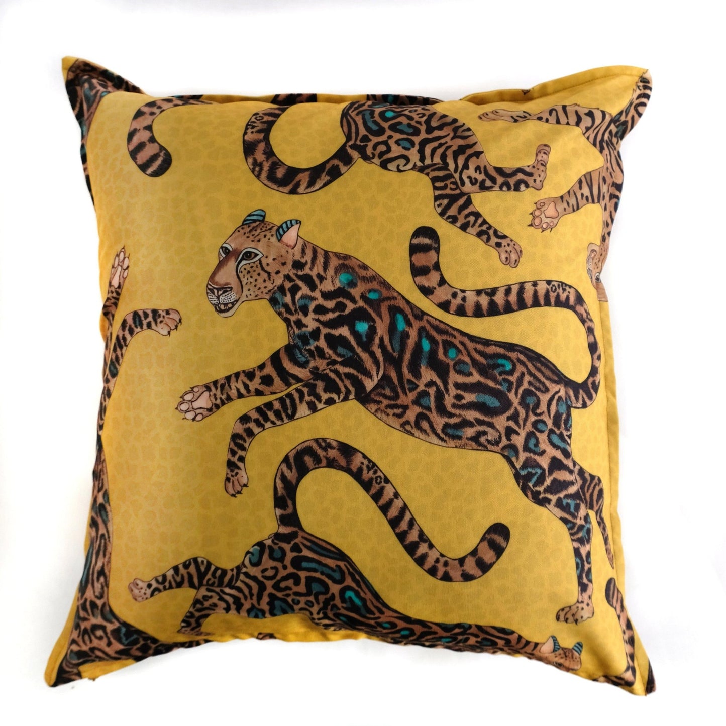 Front view of the Cheetah King Gold cushion cover, showcasing a bold and symmetrical design of cheetahs and abstract patterns on a luxurious gold background.