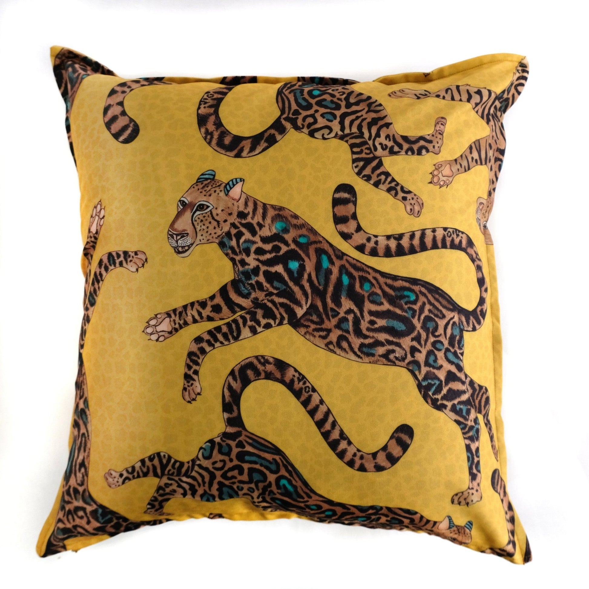 Front view of the Cheetah King Gold cushion cover, showcasing a bold and symmetrical design of cheetahs and abstract patterns on a luxurious gold background.