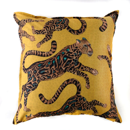 50x50cm double-sided outdoor cushion cover in Cheetah King Gold fabric, featuring a vibrant gold background adorned with detailed cheetah illustrations in black and earthy tones.