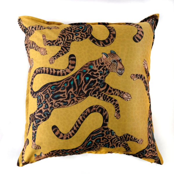 50x50cm double-sided outdoor cushion cover in Cheetah King Gold fabric, featuring a vibrant gold background adorned with detailed cheetah illustrations in black and earthy tones.