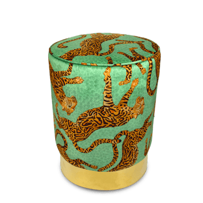 Elegant Ardmore Cheetah Kings Jade Velvet Pouffe, featuring a striking gold cheetah motif on a rich jade-green velvet background, gracefully set on a polished brass base.